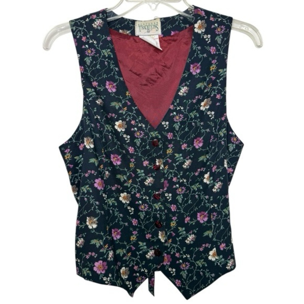 Vintage 90s Floral Button Up Vest Size Medium Navy Blue Purple Cottagecore